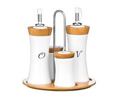Premier Housewares - Juego de aceitera, vinagrera, salero y pimentero (cerÃ¡mica y bambÃº), diseÃ±o cÃ³ncavo, Color Blanco
