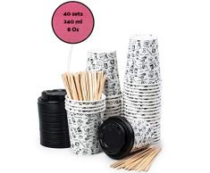 40 Vasos Desechables de Café Para Llevar - Vasos Carton 240 ml 8 Onzas con Tapas y Agitadores de Madera para Servir el Café, el Té, Bebidas Calientes y Frías