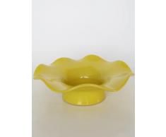 Centro de mesa de barro rojo, hecho a torno alfarero y esculpido a mano despues en forma de flor, esmaltado en color amarillo, disponible en varios colores y tamaños. Firmado y etiquetado por nuestro taller artesano. Medidas 9/30cm.