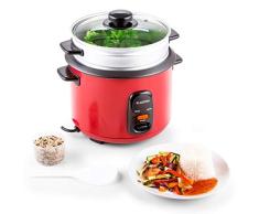 Klarstein Osaka olla arrocera con complemento de cocción al vapor (500 W, 1,5L, antiadherente, apagado automático con función de mantenimiento en calor, tapa de vidrio) - rojo