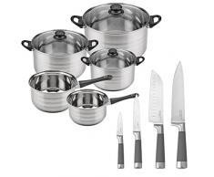 BaterÃa de cocina SIP 8 piezas (dos cazos + tres ollas con tapa de vidrio) y Set de 4 cuchillos de cocina: Chef, Santoku, Multiusos y Pelador
