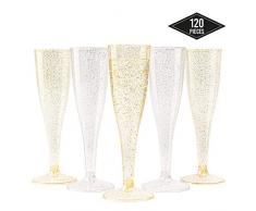 120 Copas Flautas de Champán de Plástico Desechables, Brillo de Oro y Plata (150ml) - Elegante, Resistente y Reutilizable| Vasos Alargadas Champagne para Fiestas Cumpleaños Boda Navidad Año Nuevo.