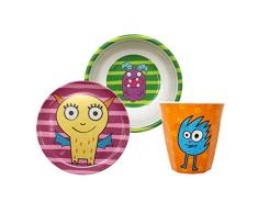 Gimex Set Vajilla Infantil Monster, Vajilla Infantil niño y niña 3 Piezas Lavavajillas, niños Plato, Cuenco & niño Taza Infantil para Niños Vajilla Juego de Desayuno melamina
