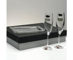 Set/Estuche de 2 copas de champán para novios, bodas de plata/oro, aniversarios + bandeja de cristal, colección "ALIANZAS", aplique bilaminado.