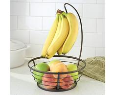 InterDesign Axis Canasta de frutas con gancho para colgar los plátanos, frutero con soporte para plátanos de alambre de metal, bronce