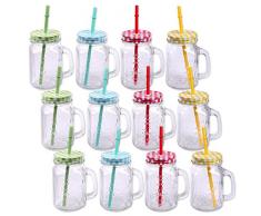 Schramm® Pack de 12 Vasos con Tapa, asa y Pajita Vasos de Cristal con Pajita para Beber cóctel de Cristal 500ml Jarra para Beber Vintage Terraza Retro del jardín