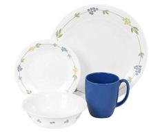 CORELLE - Juego de vajilla de 16 Piezas, de Vidrio Vitrelle Resistente a Las roturas y Las desportilladuras, Modelo Secret Garden, Servicio para 4 Personas, Color Azul/Verde/Amarillo