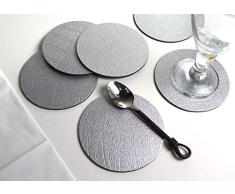 Juego de 6 Posavasos Redondos de Piel Regenerada de Plata Artesanal para Taza de Cristal, Fabricados en el Reino Unido