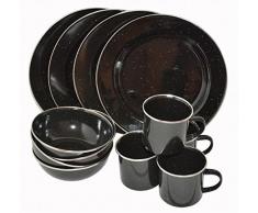 A.Blöchl 12 Piezas Esmalte – Set de Cocina Western para 4 Personas Vajilla de Camping – Set de Cocina esmaltado, Negro, Large