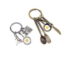 Amosfun 2 Piezas Llavero de Chef Llavero de Huevo Frito Herramienta de Corte de Libro de Cocina Tenedor Cuchara Huevo Frito Chef Regalo Colgante Llavero Ornamento