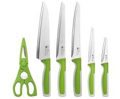 quantio 6 Piezas. Juego de Cuchillos de Acero Inoxidable – Verde, Cuchillo de Chef, Cuchillo de trinchar, Cuchillo de Pan, Cuchillo Universal, Cuchillo pelador y Tijeras de Cocina