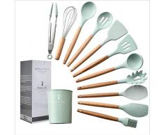 Conjunto de Utensilios de Cocina, 11 Piezas Antiadherente con Mango de Madera para de Cocina,No Tóxicas Resistentes Al Calor Utensilios De Cocina Antiadherente-Verde