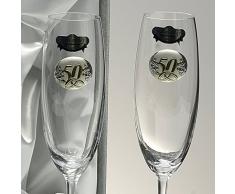 Set/Estuche de 2 Copas de champán para Novios, Bodas de Plata/Oro, Aniversarios, colección GASTRO-50 Aniversario, Aplique bilaminado.