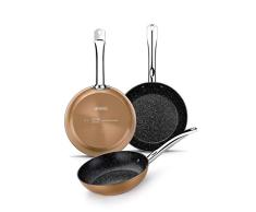 Monix Copper - Set de 3 Sartenes Efecto Cobre, Aluminio Forjado Antiadherente con Partículas de Titanio, Aptas para Todo Tipo de Cocinas incluso Inducción, 20-24-28 cm
