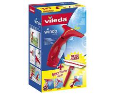 Vileda Windomatic Set Aspirador de ventanas y mopa de microfibras con spray, limpiacristales con cuello flexible y pulverizador con mopa, batería extra duradera, medidas 17.5 x 12 x 32 cm, color rojo