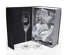 Set/Estuche de 2 Copas de champán para Novios, Bodas de Plata/Oro, Aniversarios, colección Celebration-ALIANZAS, Aplique bilaminado.