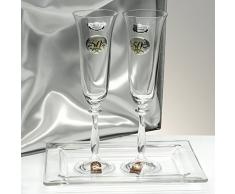 Set/Estuche de 2 Copas de champán para Novios, Bodas de Plata/Oro, Aniversarios + Bandeja de Cristal, colección ANGELA-50 Aniversario, Aplique bilaminado.