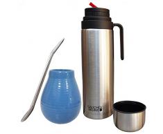 Kit Yerba Mate - Taza, Bombilla y Termo - Vaso de Cerámica, Pajita Acero Inoxidable con Filtro y Termo Anti Salpicaderos de 1 L de Capacidad - Conjunto Reutilizable para Mate Argentino - Celeste