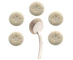 LEZED Cepillo para Lavar Platos de Fibra de Bambú Cepillo para Olla de Limpieza de Cocina con 5 Cabeza de Repuesto Cepillo Universal con Mango Largo para Lavar Platos para la Cocina y el hogar