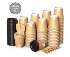 100 Kraft Vasos Desechables 240 ml de Doble Pared de Café para Llevar - Vasos Carton con Tapas y Agitadores de Madera para Servir el Café, el Té, Bebidas Calientes y Frías