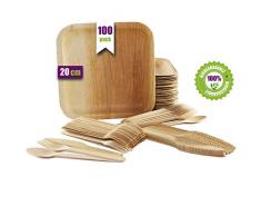 Vajilla desechable de 100 Piezas, 25 Platos de Hoja de Palma Cuadrados de 20 cm, Juego de Cubiertos de Madera Abedul de 25 cucharas, 25 Tenedores y 25 Cuchillos, Rustica, elegante y biodegradable