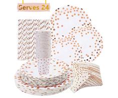 VAINECHAY 146pcs Vajilla Desechable Cumpleaños Adulto Platos Desechables Fiesta Infantil Vasos de Papel Servilletas Pajitas para Navidad Boda Baby Shower Aniversario Oro Rosa 24 invitados