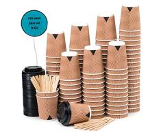 110 Vasos Desechables Ondulación Kraft de Doble Pared de Café Para Llevar - Vasos Carton 240 ml 8 Onzas con Tapas y Agitadores de Madera para Servir el Café, el Té, Bebidas Calientes y Frías