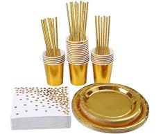 VAINECHAY 146pcs Vajilla Desechable Cumpleaños Adulto Platos Desechables Fiesta Infantil Vasos de Papel Servilletas Pajitas para Navidad Boda Baby Shower Aniversario Oro 24 invitados
