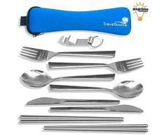 Juego de utensilios para comer en camping de acero inoxidable para dos personas con estuche con correa para colgar en la mochila, palillos y abridor de botellas, de la marca TravelSource