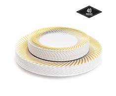 40 Elegantes Platos Desechables de Plástico Duro con Borde Oro Ondulado| 20 Platos Grandes y 20 Platos Postre| Resistentes y Reutilizable - Vajilla Desechables para Catering Bodas Fiestas Navidad.