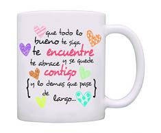 MUGFFINS Taza Original de Desayuno para Regalar a Amigas Amigos y Seres Queridos - Que Todo lo Bueno te SIGA te encuentre y te abrace - 350 ml - Tazas con Frases motivacionales