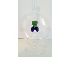 Jarra en el pie de cristal claro, botella, garaffa, decantador de vidrio transparente y soplado a boca, con dos ciruelas de cristal coloreado en el interior, rellenable, capacidad 0,2 litro y altura aprox. 25 cm disenado y fabricado