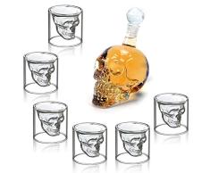 MVPower Botella de Vidrio con Forma de Calavera, 350 ml con 6 Vasos de Chupito de 75 ml Ideal para Whisky, Vodka o Vino Favorito, Idea de Regalo para Navidad o para Una Noche Divertida