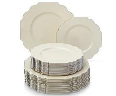 VAJILLA PARA FIESTAS DESECHABLE DE 40 PIEZAS | 20 platos grandes | 20 platos para ensalada/postre | Platos de plástico resistente | Para bodas y comidas de lujo (Baroque Collection – Marfil)