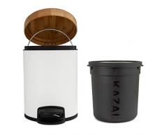 Cubo de baño de diseño 5L | Tapa de Madera de bambú con Sistema de Cierre automático | Cubo con cómodo Pedal antihuellas | Blanco