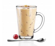 Juego de 6 vasos de cristal con asa de 300 ml para latte macchiato y 6 cucharillas de acero inoxidable