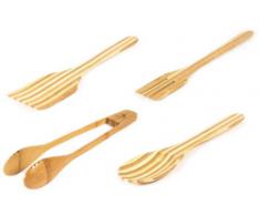PINFI 81313 - Pack de espátula + cuchara + tenedor + pinzas de madera de bambú