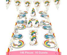 decalmile 146 Piezas Vajilla Diseño de Unicornio para 16 Infantiles Decoración de Fiesta de Cumpleaños (Platos, Tenedores Cucharas Cuchillos, Vasos, Pajitas, Servilletas, Gorros, Bandera, Mantel)