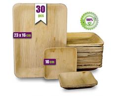 GoBeTree Bandejas Desechables de Hoja de Palma 30 Piezas, 25 Bandeja Rectangular de 23 x 16 cm y 5 Platos Cuadrados de 10 cm. vajilla Rustica de Madera para barbacoas y Fiesta de cumpleaños.