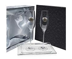 Set/Estuche de 2 Copas de champán para Novios, Bodas de Plata/Oro, Aniversarios + Bandeja de Cristal, colección CELEBRATION-50 Aniversario, Aplique bilaminado.