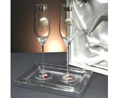 Set/Estuche de 2 Copas de champán para Novios, Bodas de Plata/Oro, Aniversarios + Bandeja de Cristal, colección ALIANZAS, Aplique bilaminado.