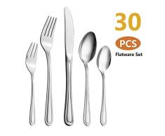 Velaze Juego de Cubiertos Set 30 Piezas de Acero Inoxidable 18/10 Vajilla para 6 Personas, 6 Cuchillo de Mesa, 6 Tenedor, 6 Cuchara, 6 Tenedor Postre, 6 Cucharas de té - Plata (F30)