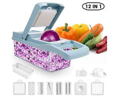 ADOV Mandolina Profesional, 12 en 1 Cortador Verduras Multifuncional, 7 Reemplazable Cuchillas Acero Inoxidable Alimentos Slicer, Mandolina de Cocina para Cortar Fruta Vegetales Patata Cebolla – Azul