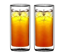 Té del sol (TM), Ultra claro fuerte doble pared aislante térmico vaso de cristal vaso de tubo de cristal para cerveza/cócteles/limonada/té helado, juego de 2 (hecha de auténtica cristal de borosilicato, no de plástico)