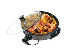 Sogo SS-10060 Paellera, Sartén Eléctrica para Paella y Pizza, Cazuela Multiusos 42cm diámetro y 4,5cm Profundidad Con Tapa de Cristal 1500W