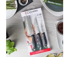 3 Claveles 01734-Set Set Cuchillos, Verduras 9cm + Cocina 13,5cm + Santoku 18cm, línea EVO, Acero, 1 cm