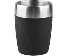Emsa Travel Mug Taza térmica, Mantiene la Temperatura, Acero Inoxidable con Base Antideslizante y Zona de Agarre de Silicona con Letras grabadas, Negro, 0.2 L