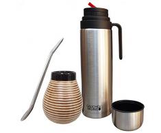 Kit Yerba Mate - Taza, Bombilla y Termo - Vaso de Cerámica, Pajita Acero Inoxidable con Filtro y Termo Anti Salpicaderos de 1 L de Capacidad - Conjunto Reutilizable para Mate Argentino - Marrón