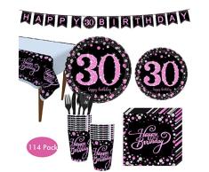 Amycute 114 Piezas Vajilla de 30 años Cumpleaños Vajilla de Cumpleaños Adultos Desechable de Negro Rosa Purpurina Flash Happy Birthday Banner, Vasos, Platos, Servilletas
