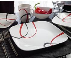 Corelle - Juego de vajilla de 16 piezas, de vidrio Vitrelle resistente a las roturas y las desportilladuras, modelo Fine Lines, servicio para 4 personas, color rojo/negro